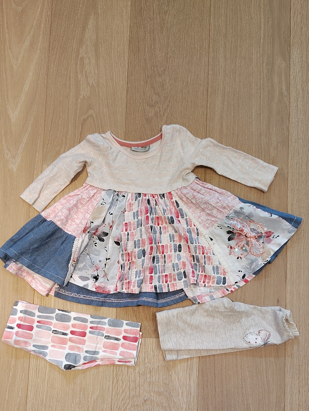 next Pink, Blue and Cream Patchwork Dress with Coordinating Leggings